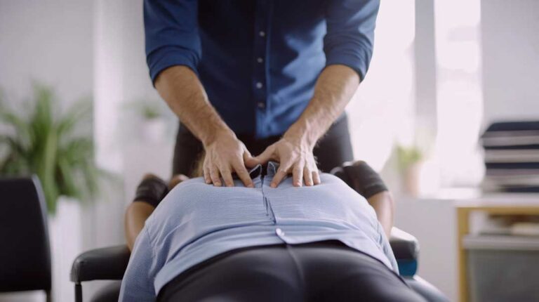 Athlete performing a guided leg-strengthening exercise while a clinician observes movement.